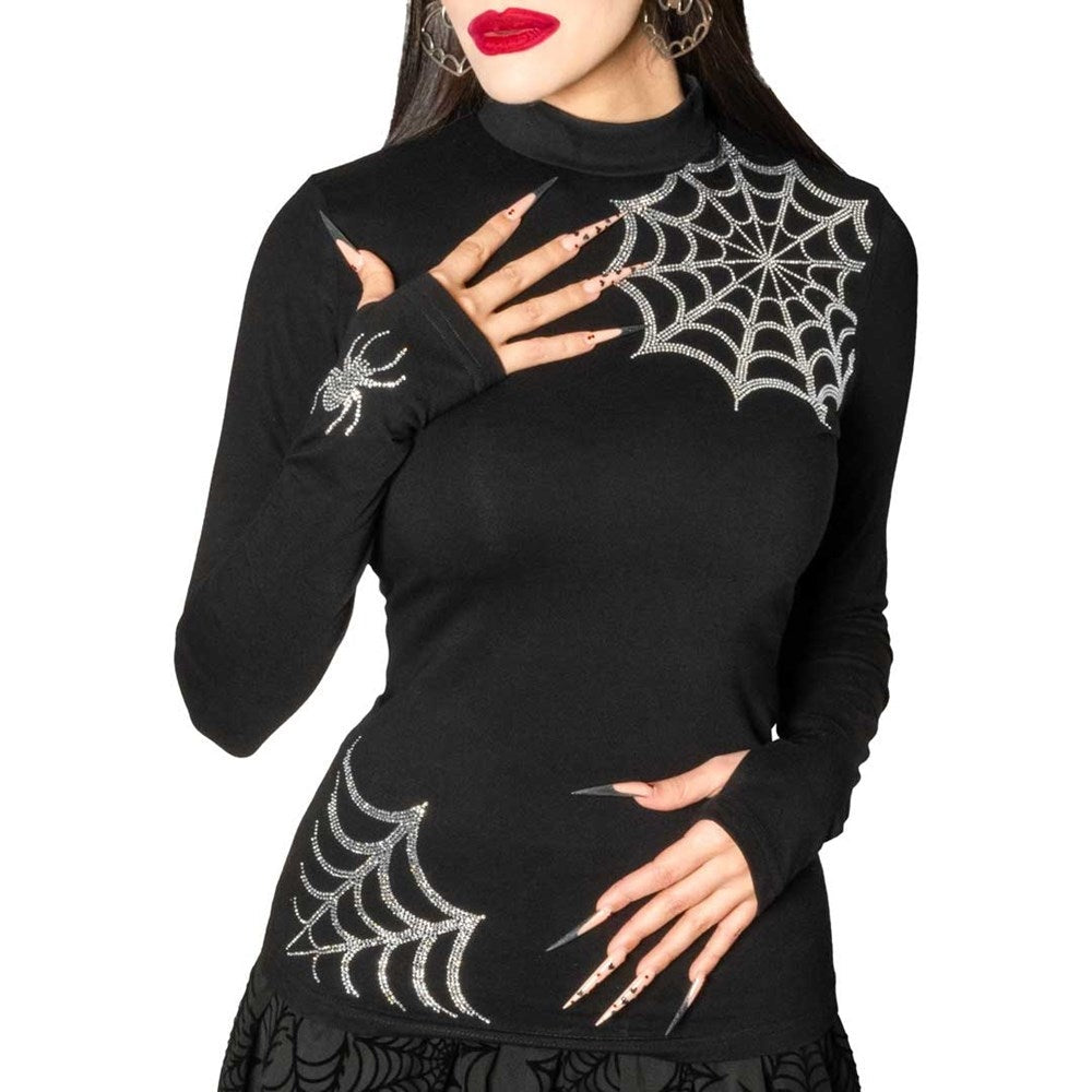Kreepsville 666 Black LS Top Silver Spiderwebs Thumb Holes