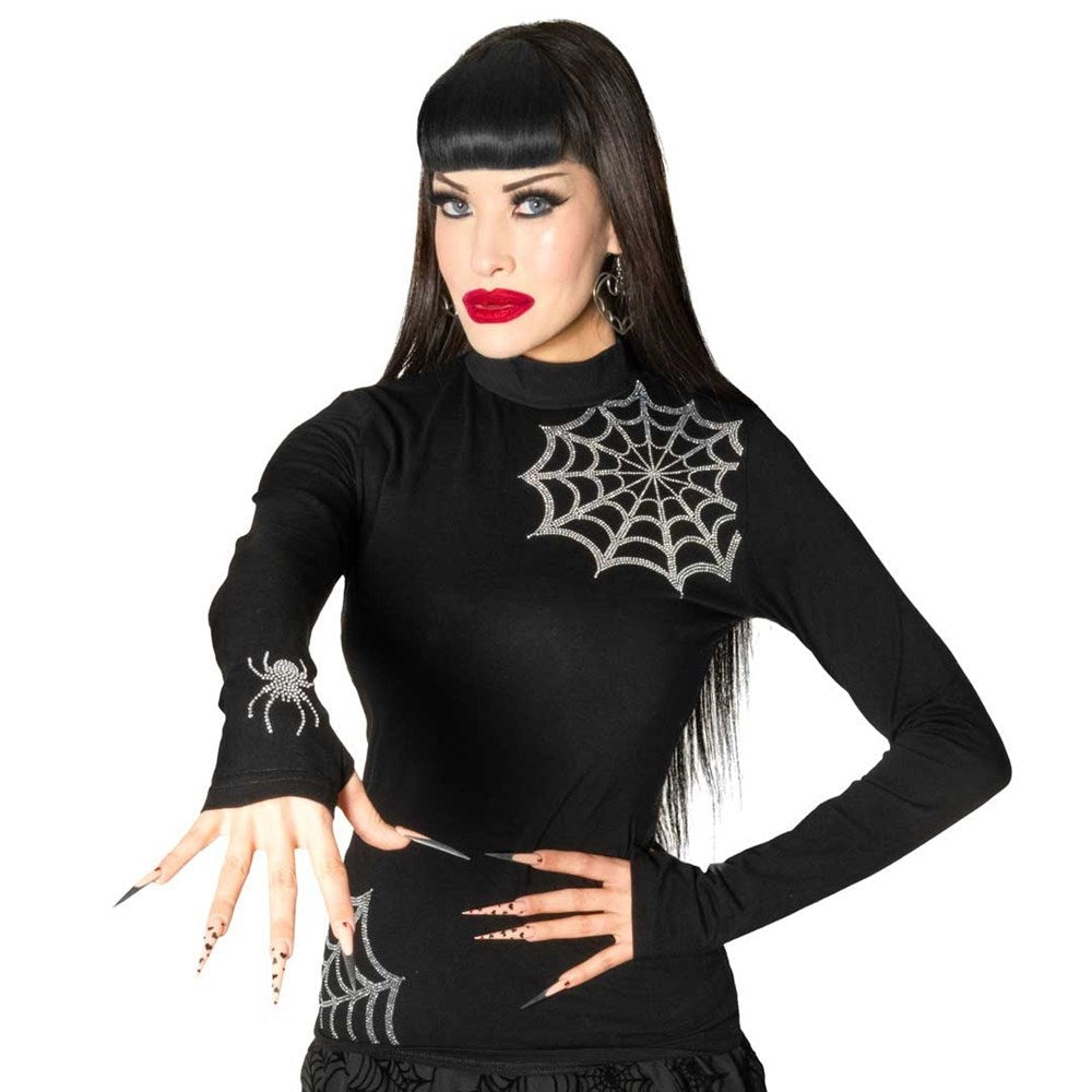 Kreepsville 666 Black LS Top Silver Spiderwebs Thumb Holes