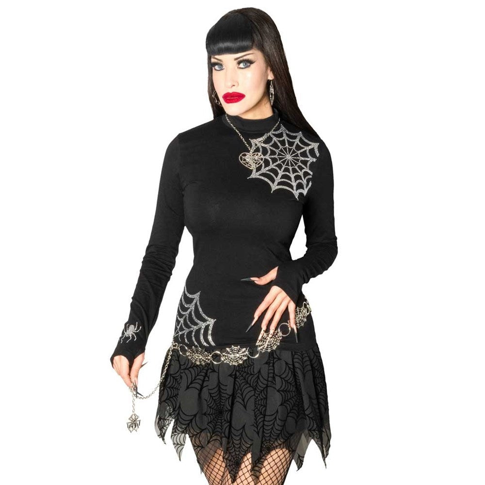 Kreepsville 666 Black LS Top Silver Spiderwebs Thumb Holes