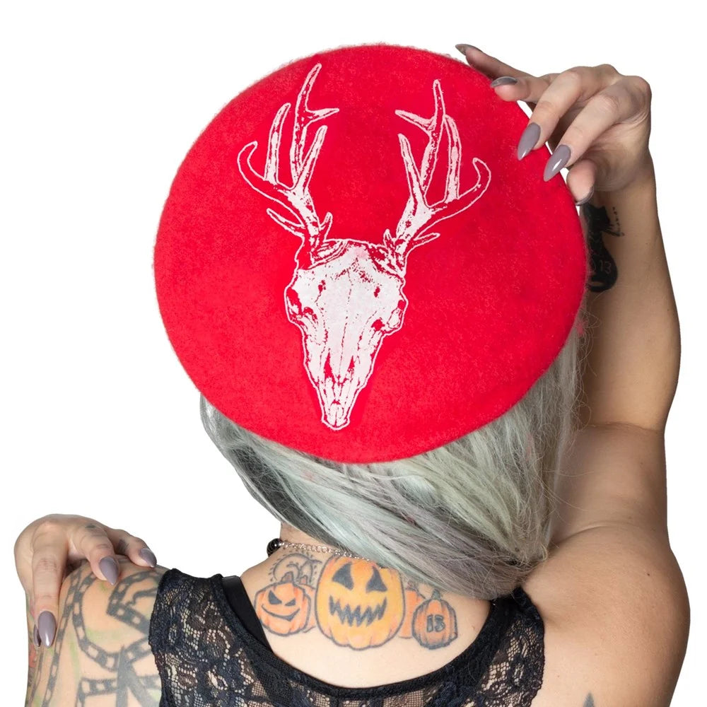 Kreepsville 666 Deer Skull Red Wool Beret Hat