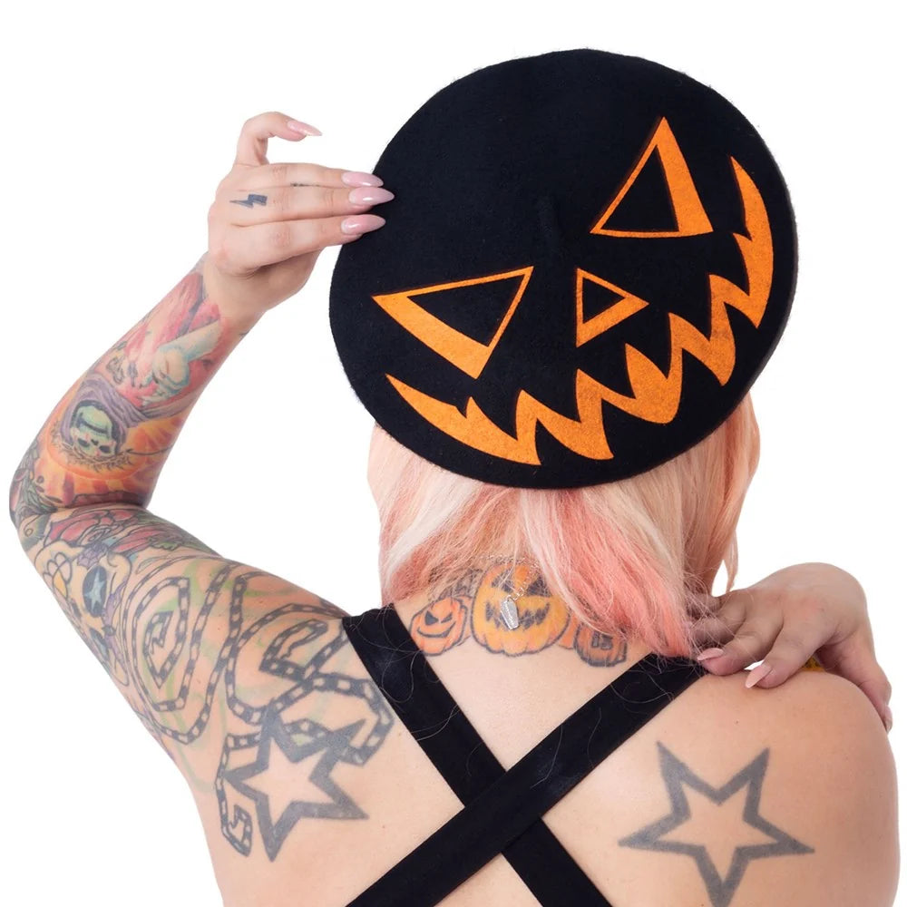 Kreepsville 666 Trick Or Treat Pumpkin Black Wool Beret Hat