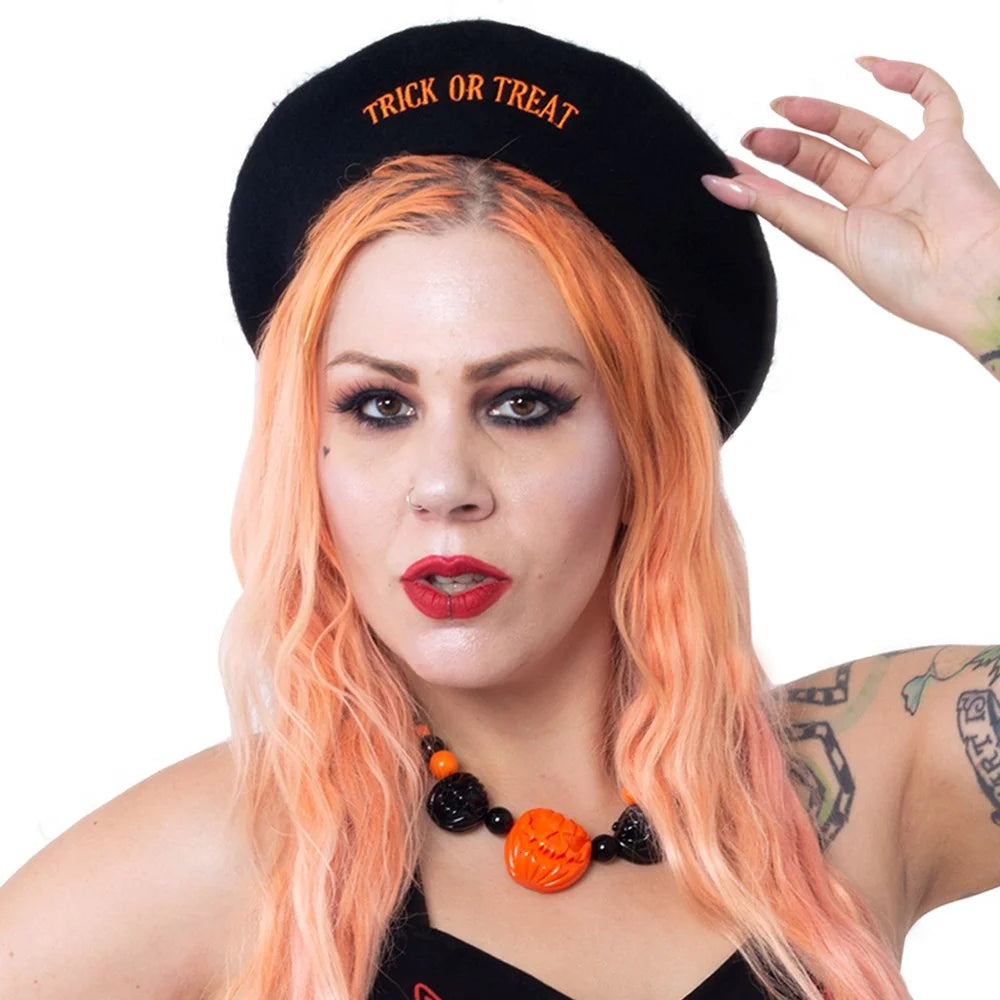 Kreepsville 666 Trick Or Treat Pumpkin Black Wool Beret Hat