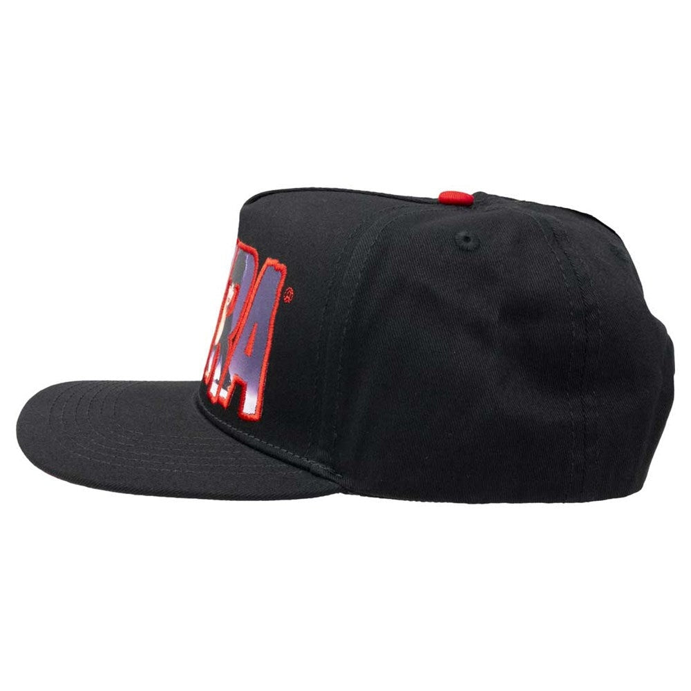 A black snapback cap featuring a large embroidered 'NRA' logo on the front panel in red and blue, with a small red button on top, shown against a plain white background.