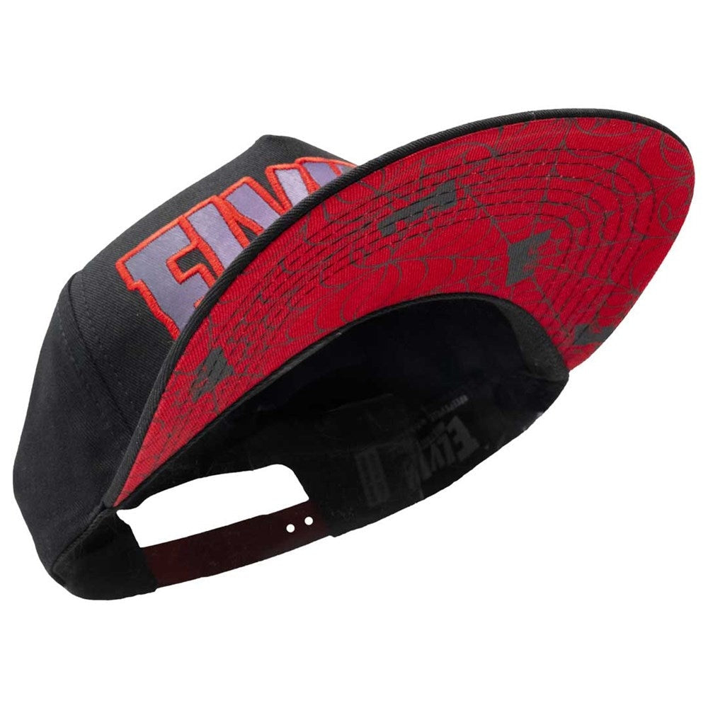 A black and red snapback cap shown from an angled side view, featuring a red brim with black graphics and a black crown with red and gray lettering.