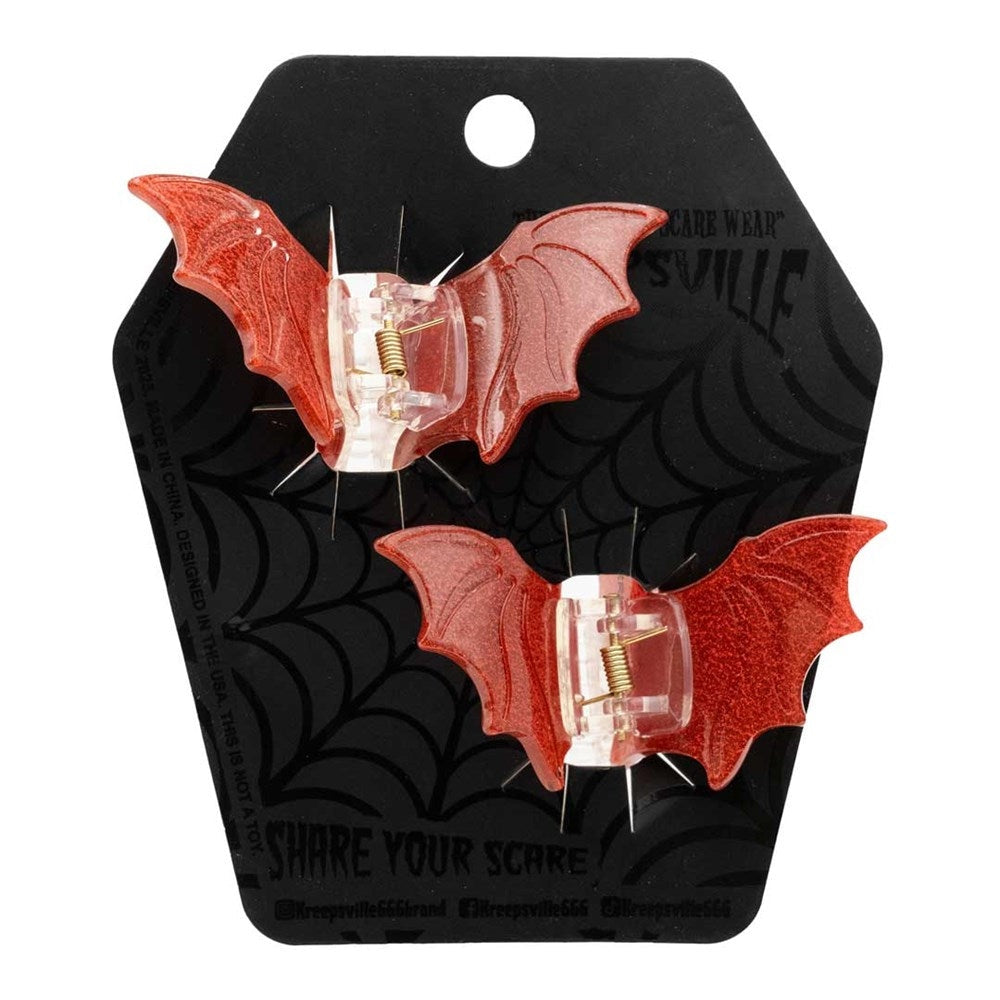 Kreepsville 666 Red Glitter Bat Pair Hair Claw Clips