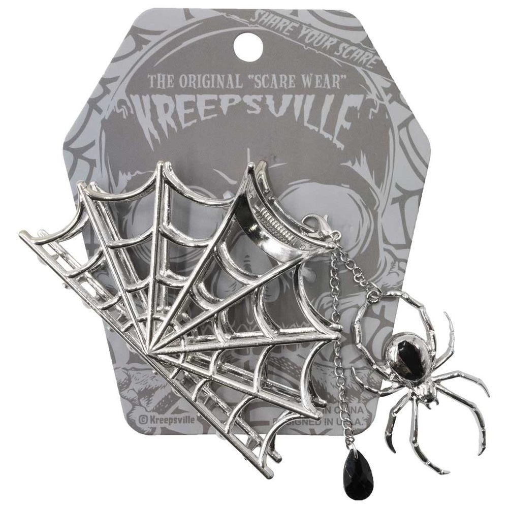 Kreepsville 666 Silver Spider Charm Web Claw Hair Clip