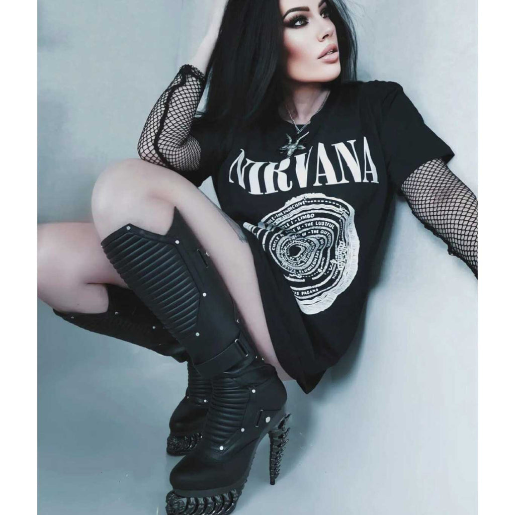 Hades HEL Black Knee High Boots 5" High Dragon Chrome Heels