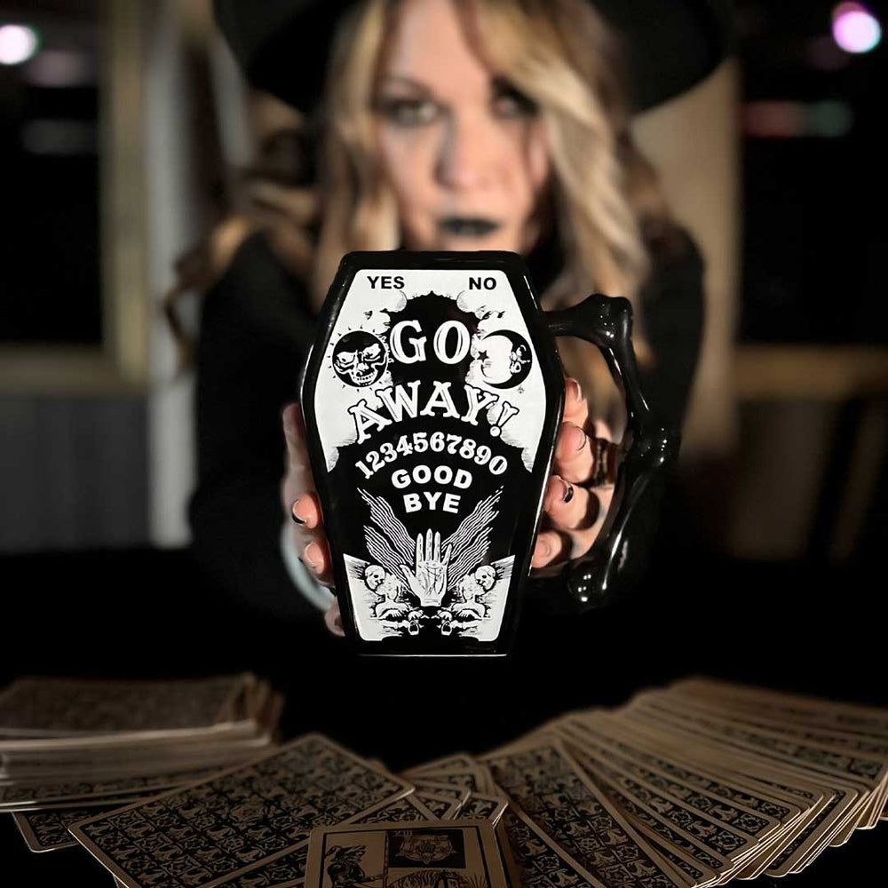 Kreepsville 666 Ouija Board Go Away! Black Coffin Mug