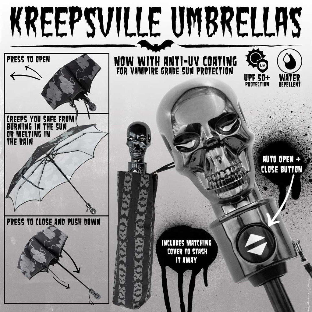 Kreepsville 666 Skull Handle Bat Stripe Anti UV Umbrella