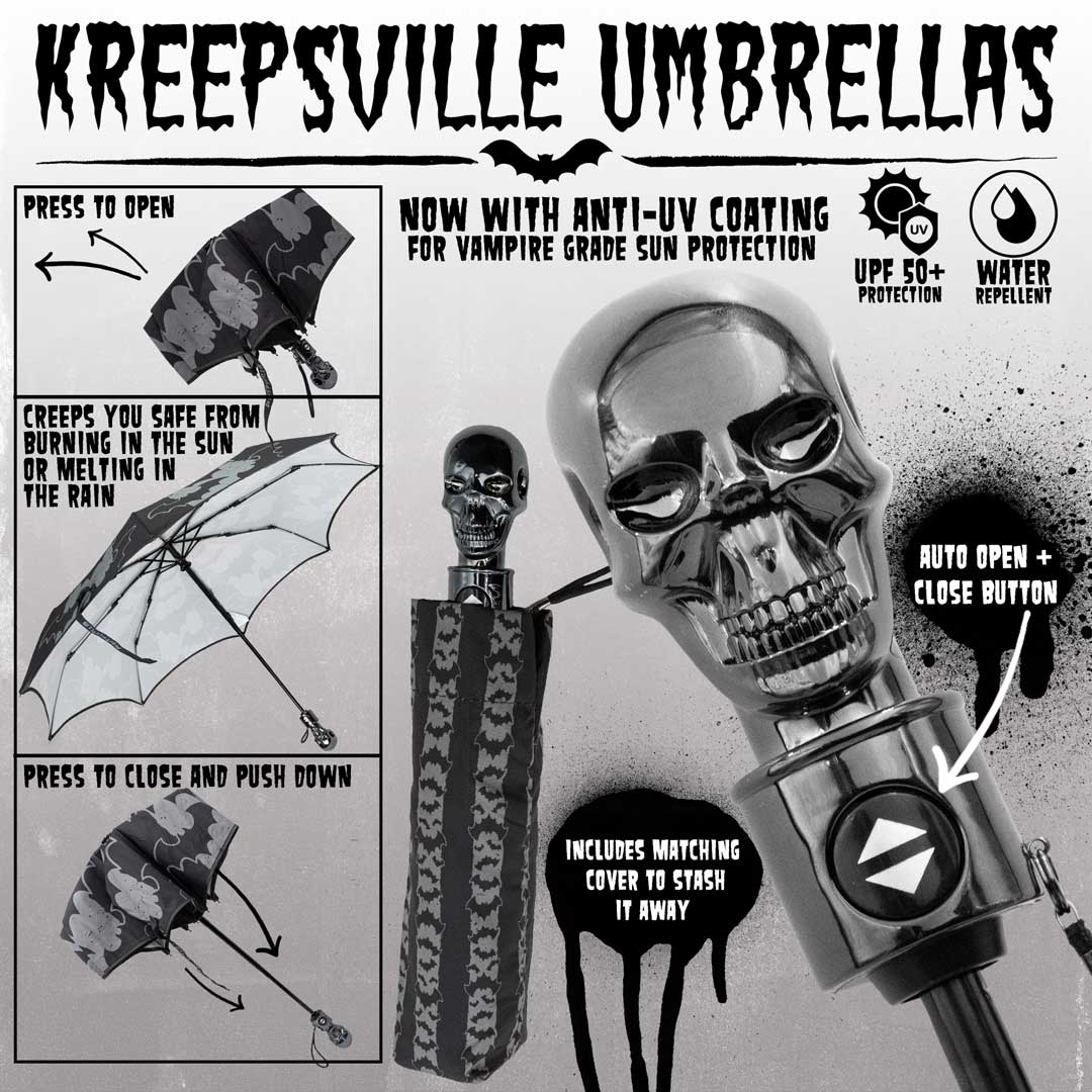 Kreepsville 666 Skull Handle Bat Stripe Anti UV Umbrella