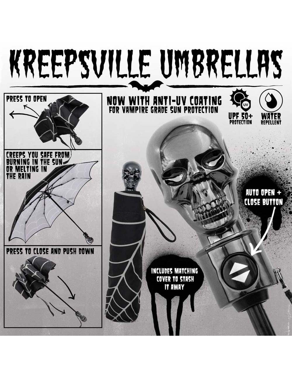 Skull-themed umbrella with promotional text for Kreepsville Umbrellas on a white background
