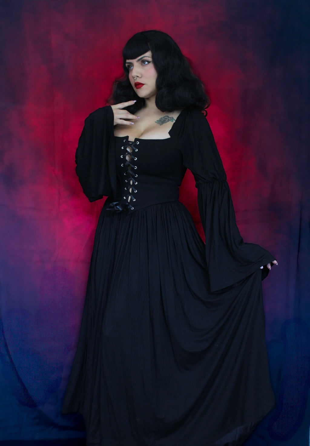 Witchwood Lilith Dark Cottage Goth Lace Up Jersey Dress