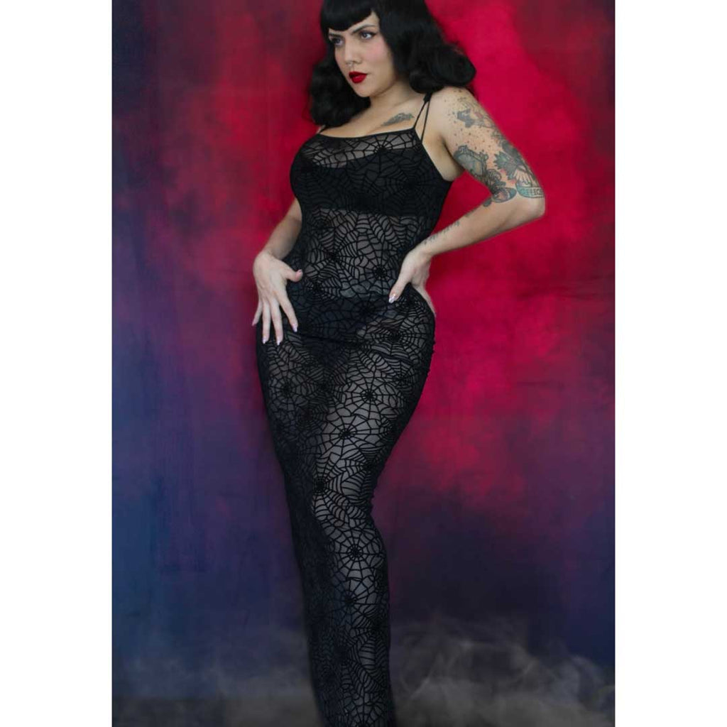 Witchwood Sheer Hourglass Velvet Spiderwebs Maxi Dress