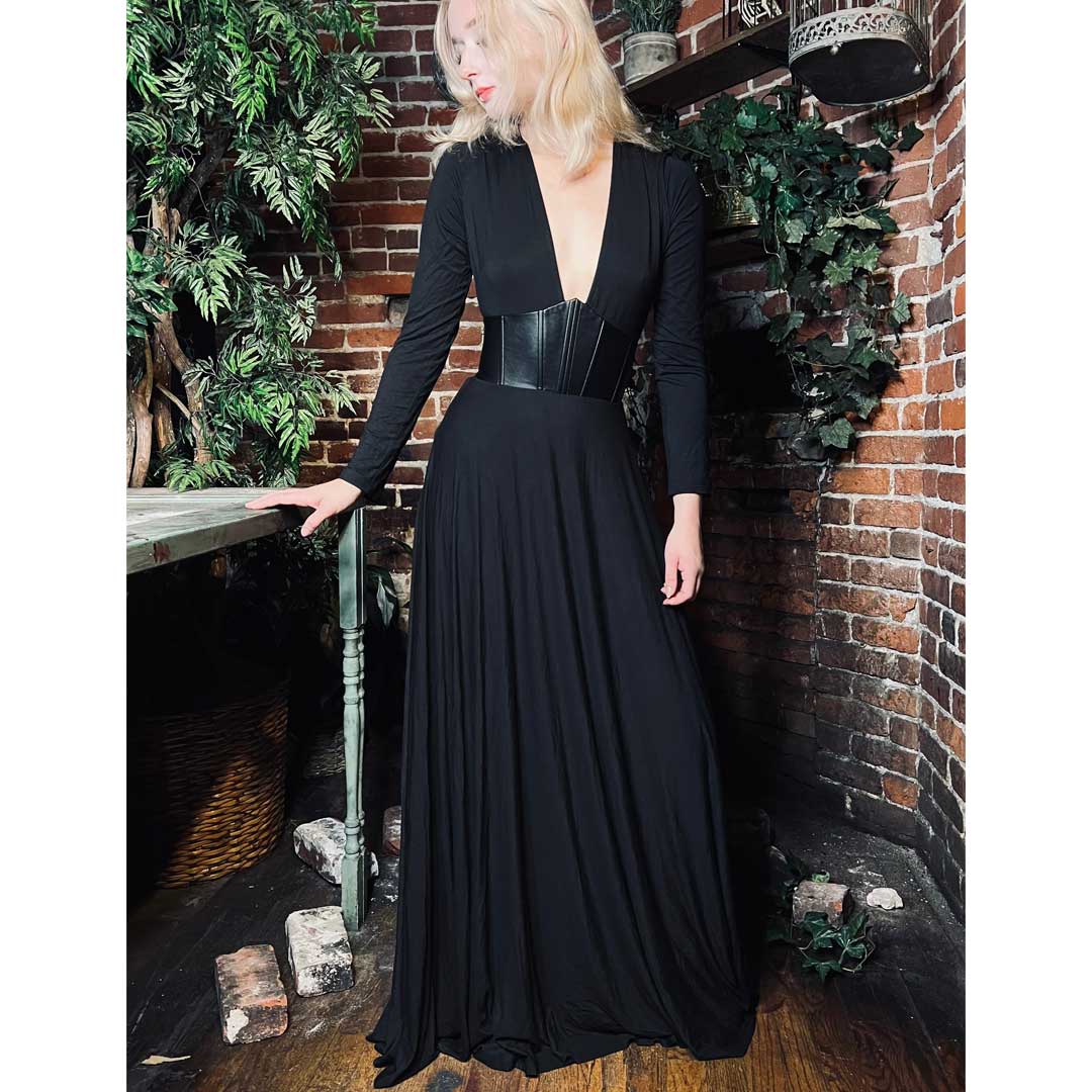 leather corset maxi dress Blair - Jersey Maxi Dress with Vegan Leather Corset Waist