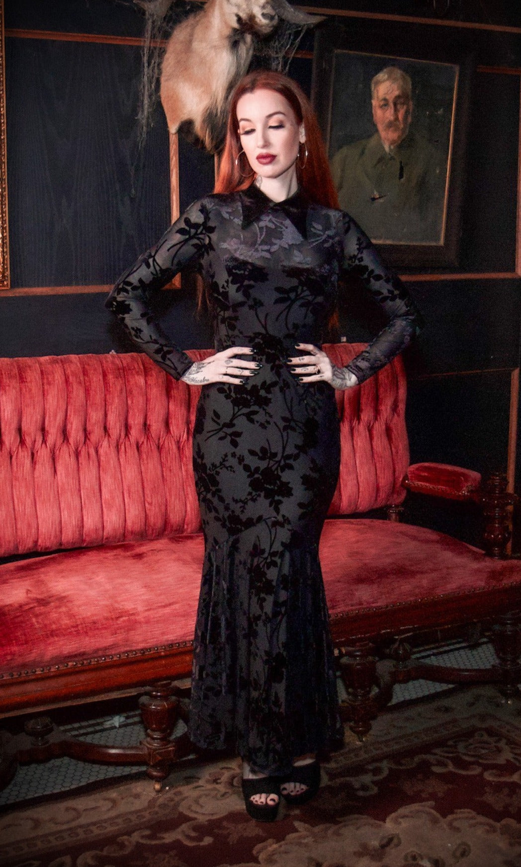Witchwood Ophelia Velvet Flocked Lace Up Maxi Mermaid Dress
