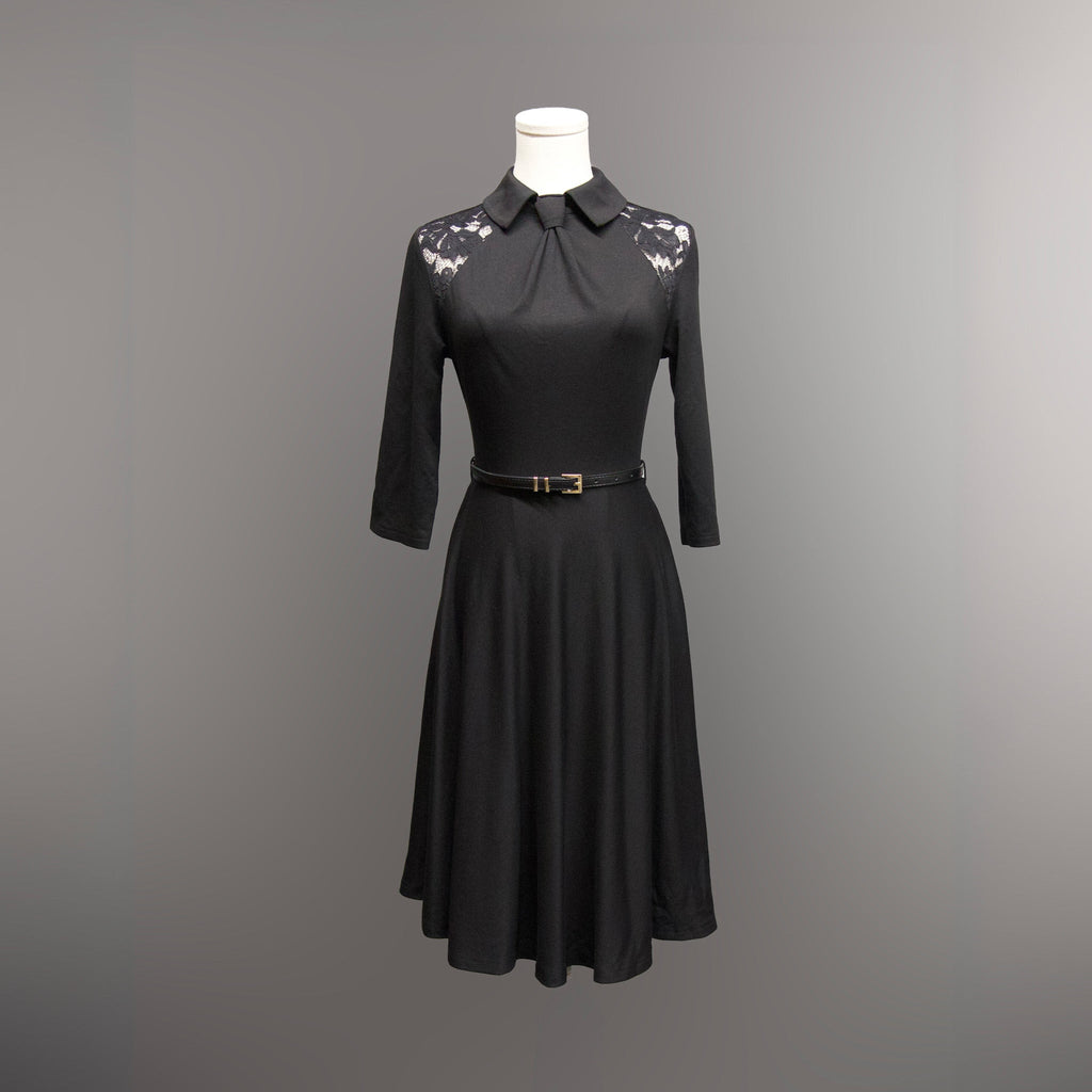 Witchwood Shelley Faux Tie Fit Flare Black 3/4 Sleeve Dress