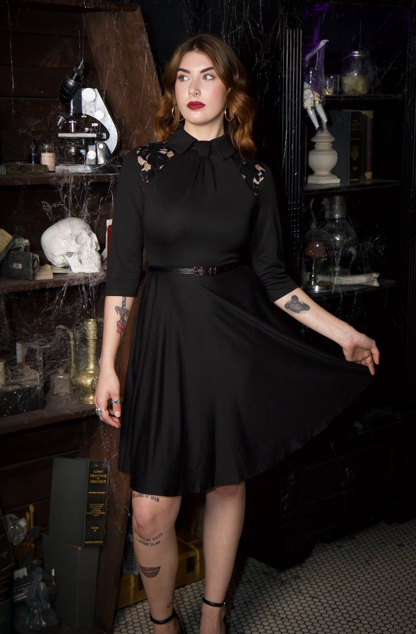 Witchwood Shelley Faux Tie Fit Flare Black 3/4 Sleeve Dress