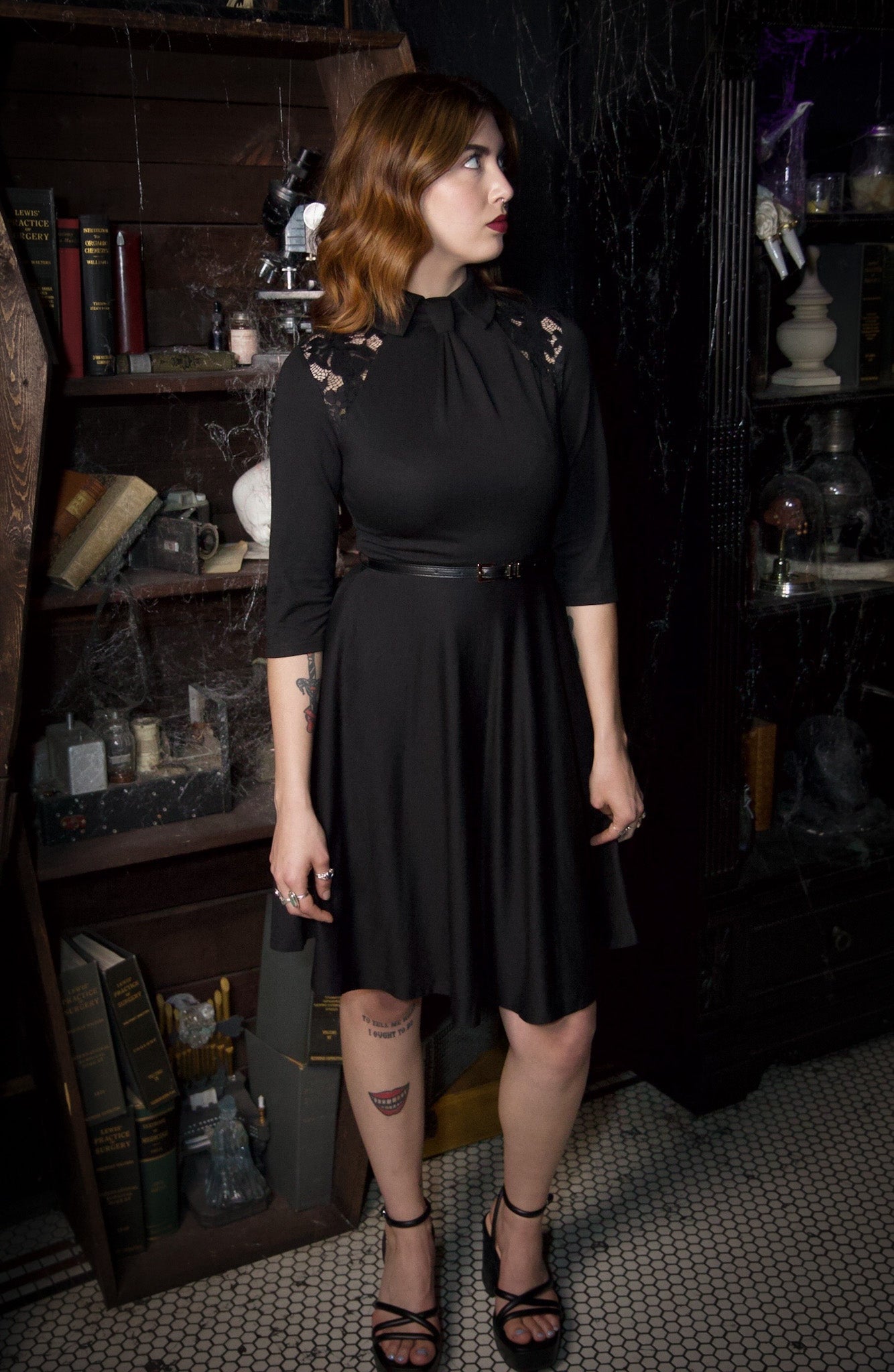 Witchwood Shelley Faux Tie Fit Flare Black 3/4 Sleeve Dress