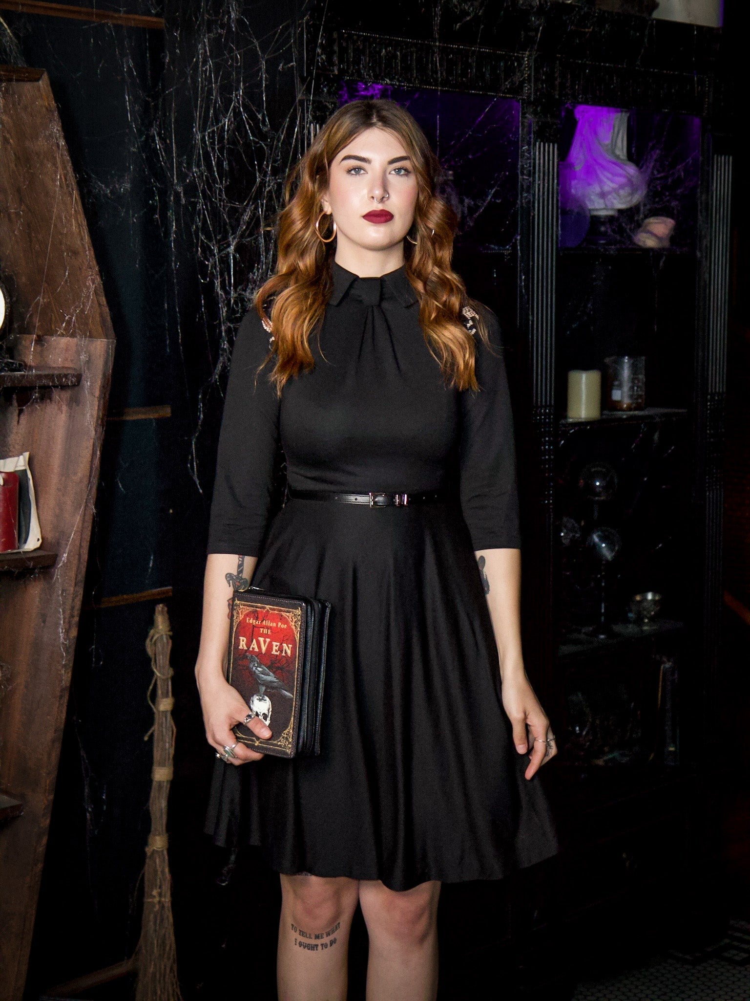 Witchwood Shelley Faux Tie Fit Flare Black 3/4 Sleeve Dress