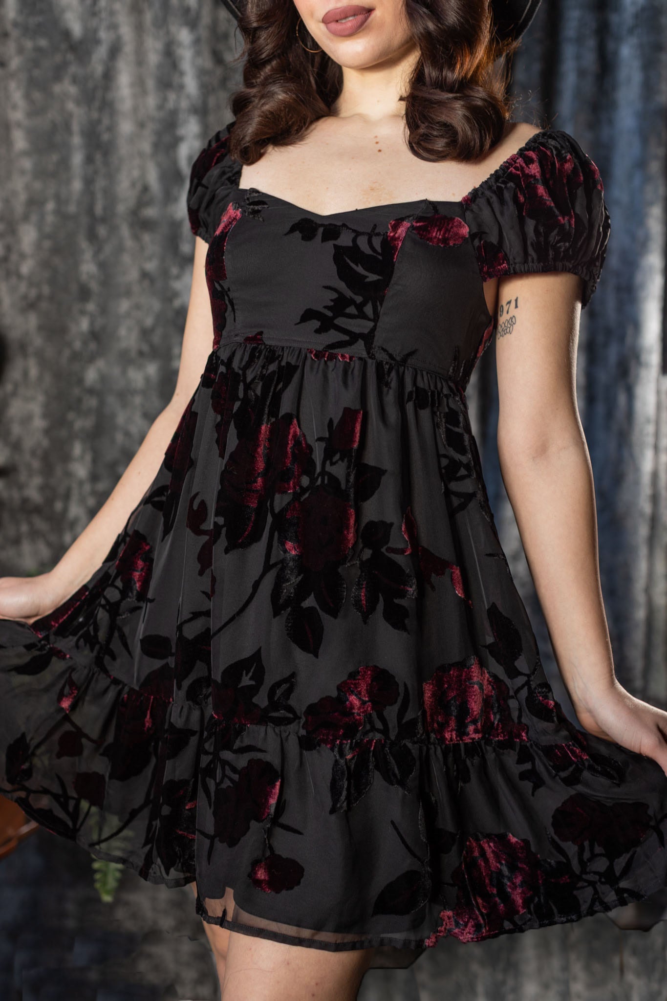 Witchwood Reagan Romantic Velvet Flocked Floral Babydoll Dress