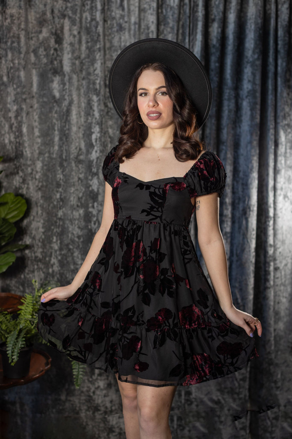 Witchwood Reagan Romantic Velvet Flocked Floral Babydoll Dress