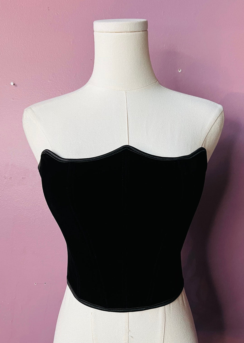 Witchwood The Poe Corset Black Velveteen Pointed Waist Cinching