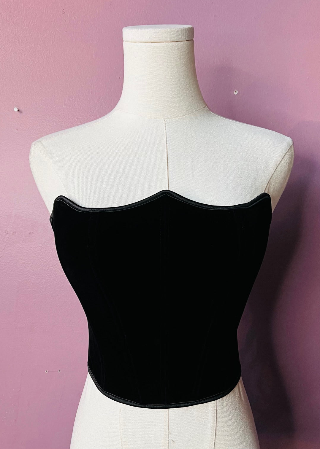 Witchwood The Poe Corset Black Velveteen Pointed Waist Cinching