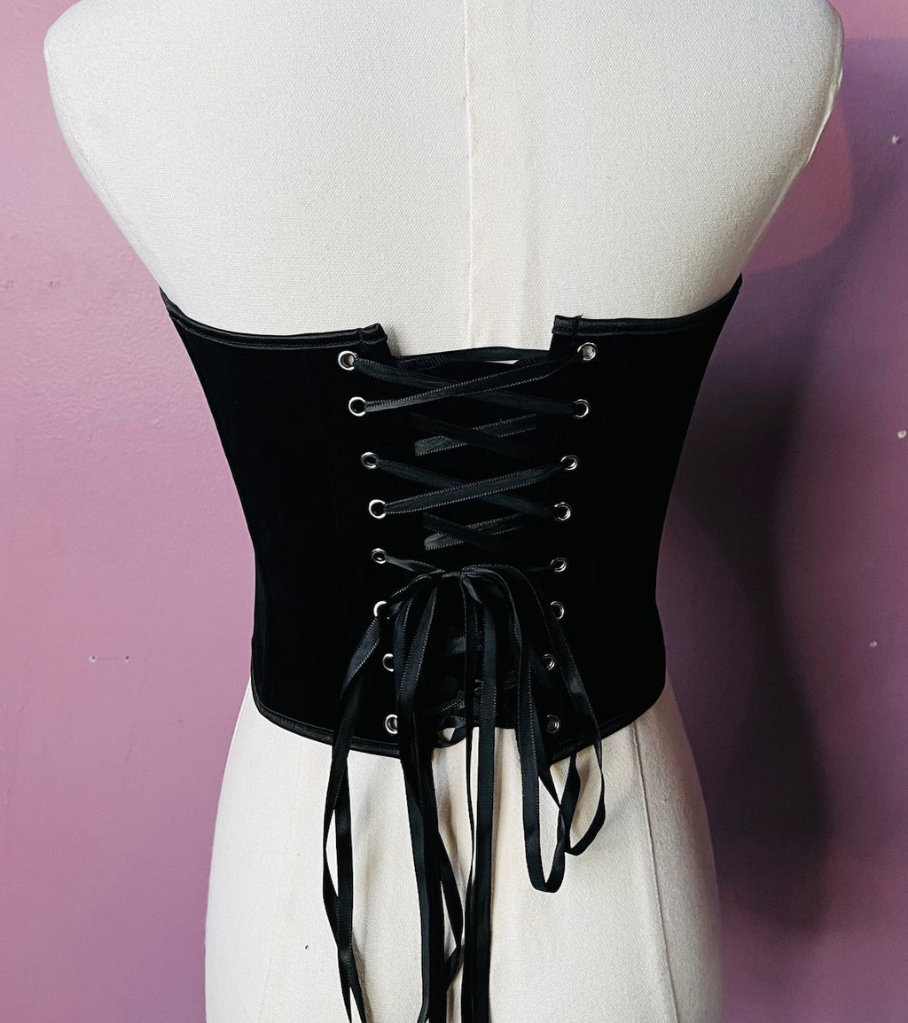 Witchwood The Poe Corset Black Velveteen Pointed Waist Cinching