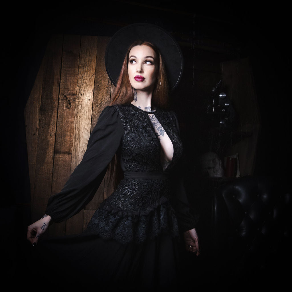 Witchwood Lenore Victorian Style Black Lace Maxi Dress