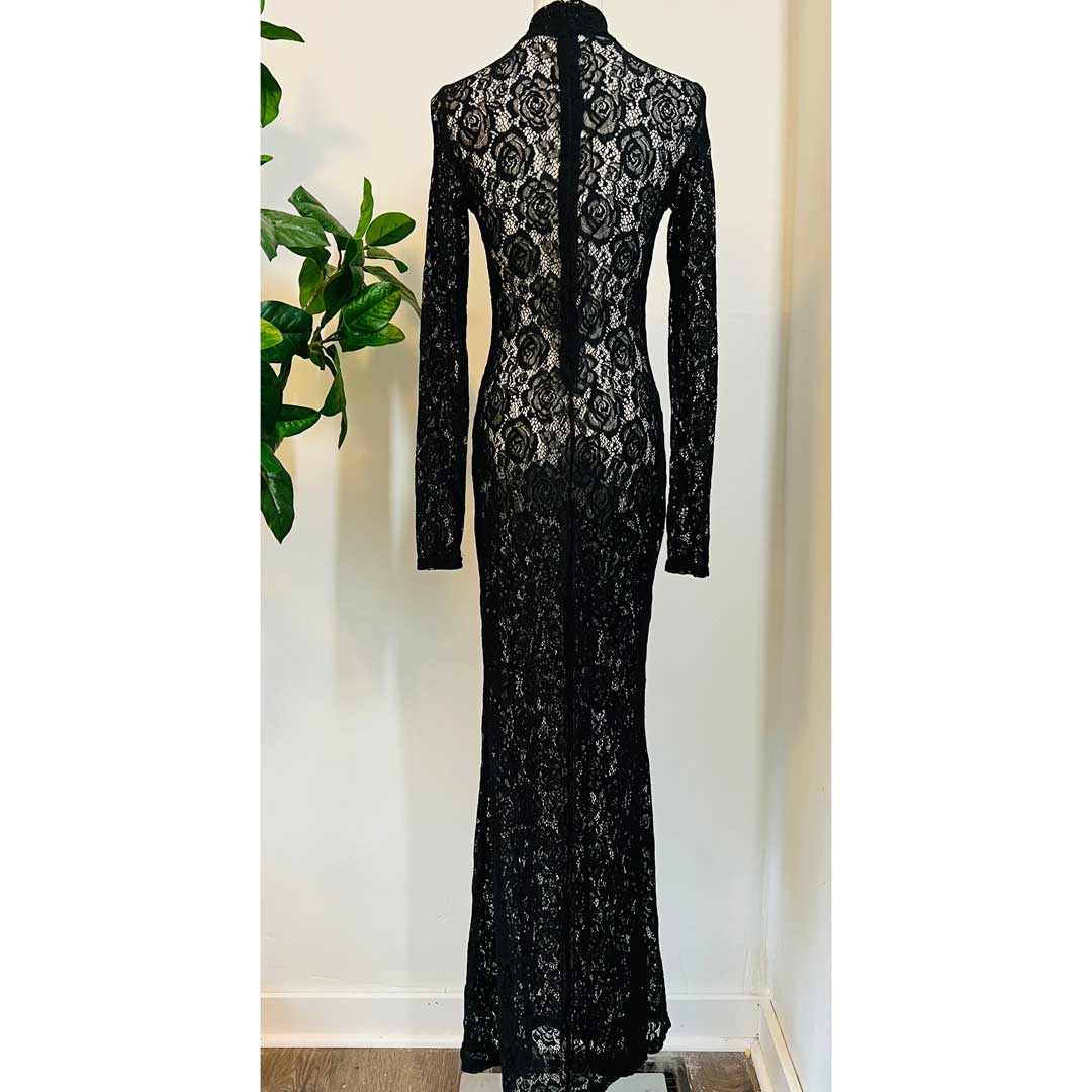 Black lace dress on a mannequin against a white wall with a plant in the background