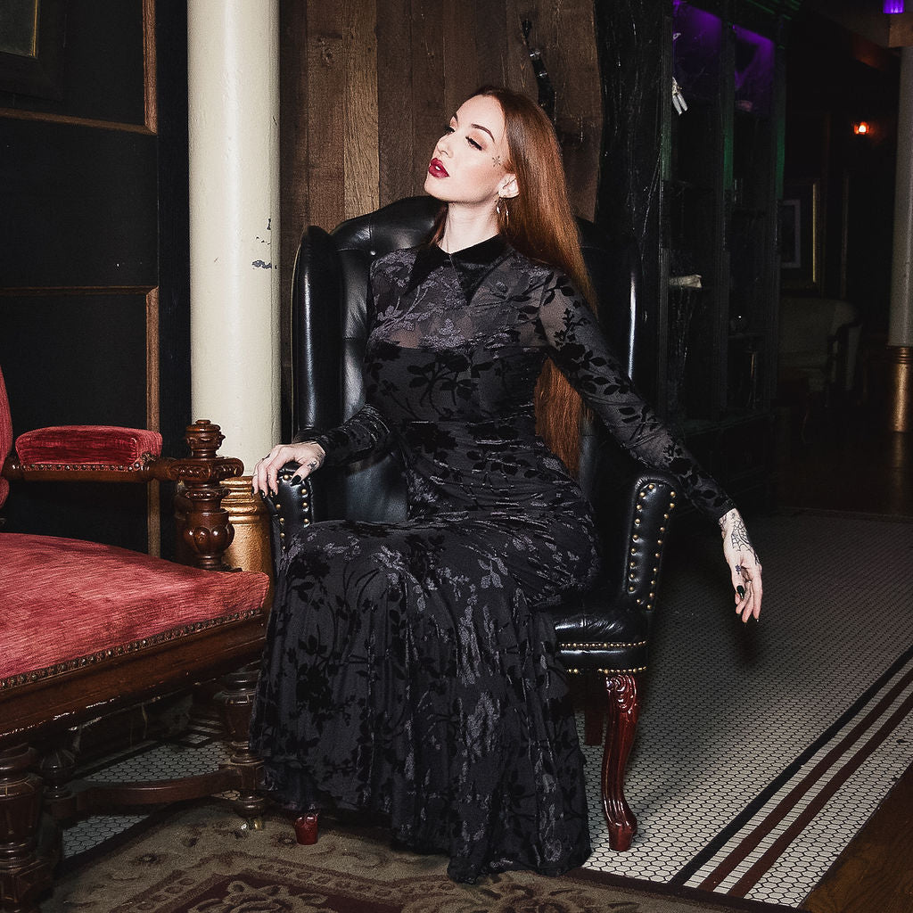 Witchwood Ophelia Velvet Flocked Lace Up Maxi Mermaid Dress