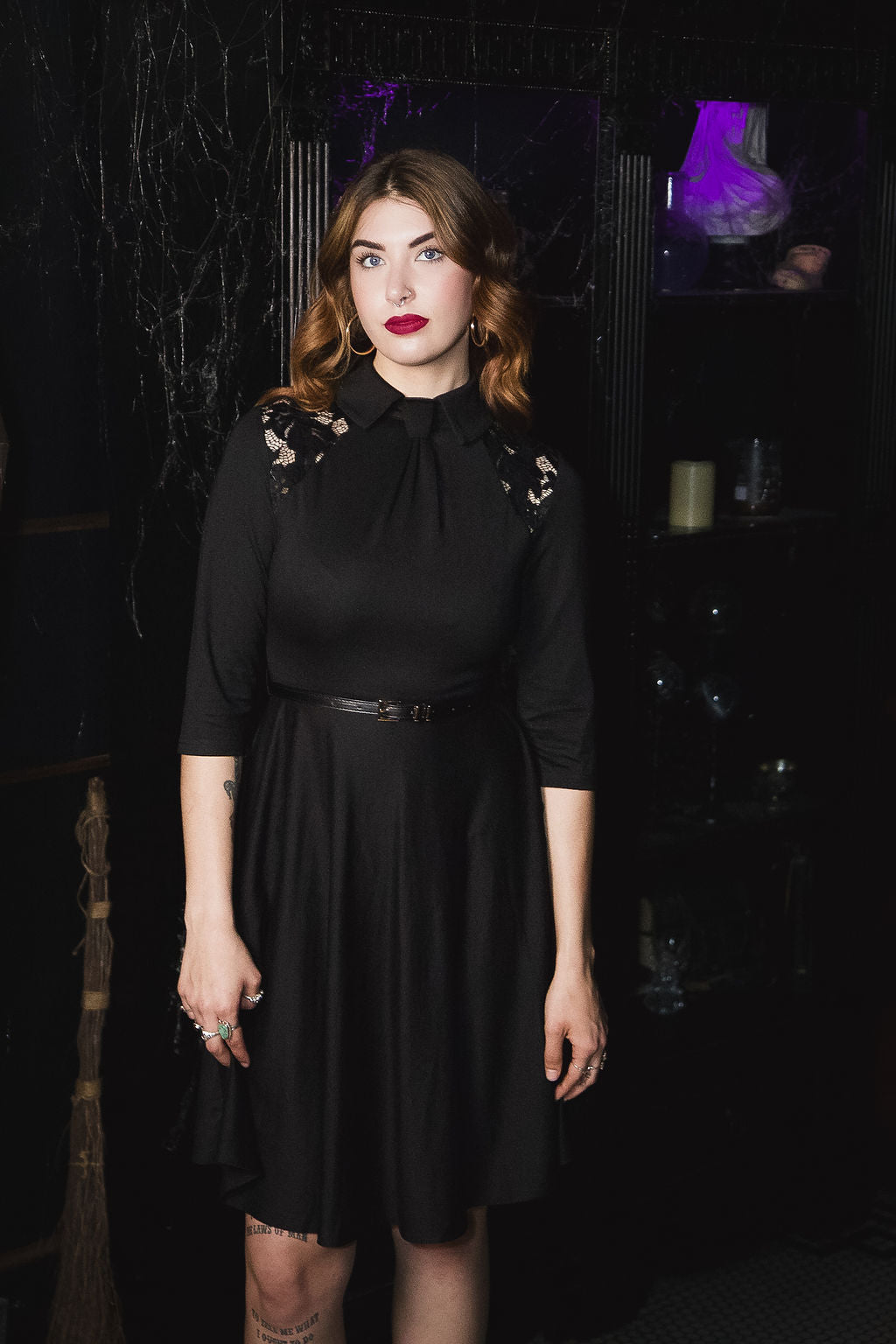 Witchwood Shelley Faux Tie Fit Flare Black 3/4 Sleeve Dress