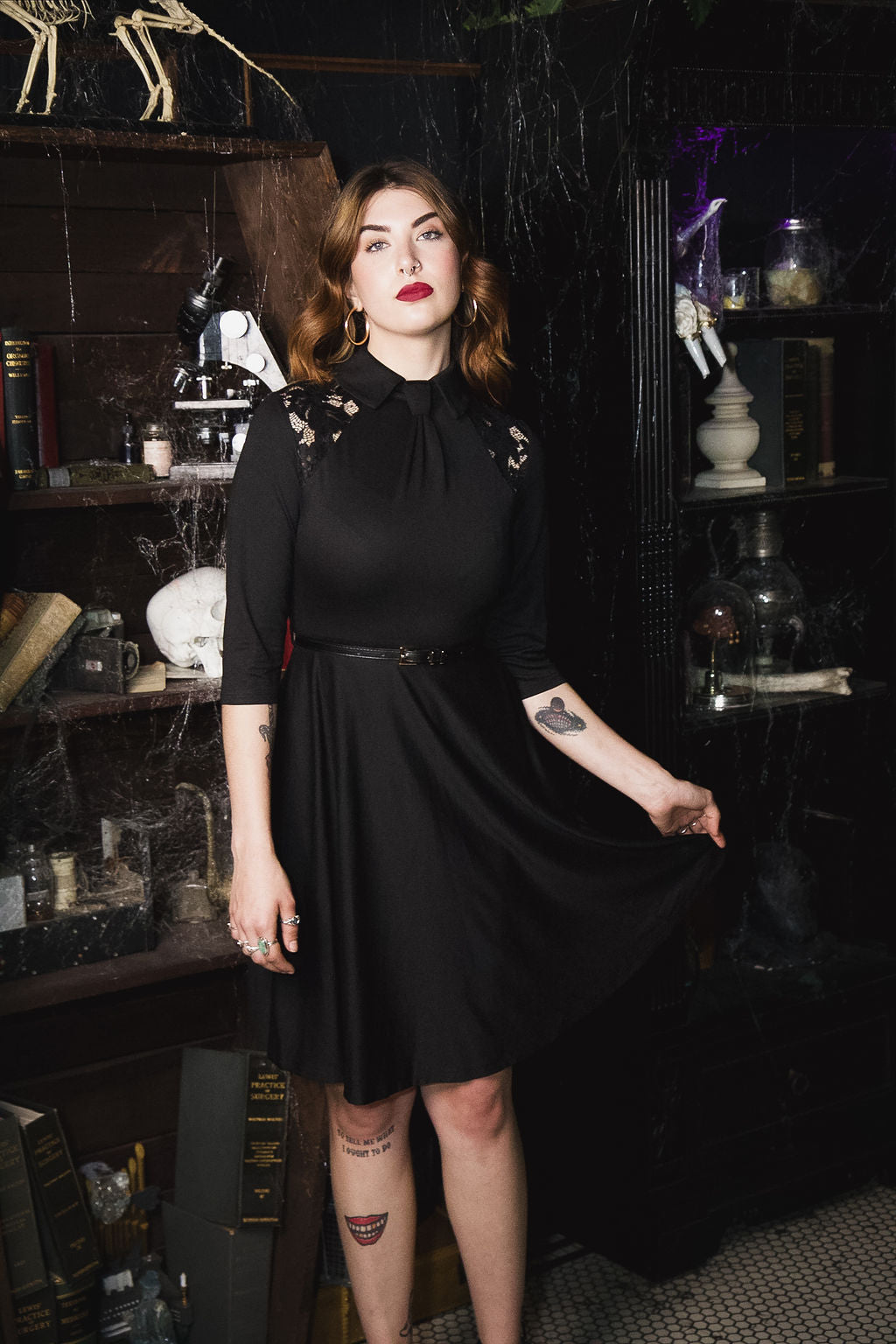Witchwood Shelley Faux Tie Fit Flare Black 3/4 Sleeve Dress