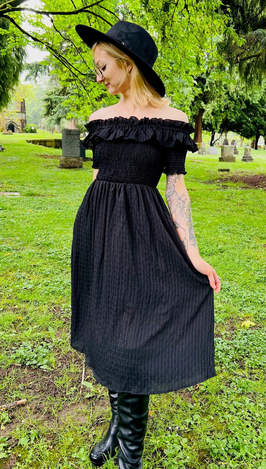 Witchwood Hilda Black Off Shoulder Cottage Goth Dress