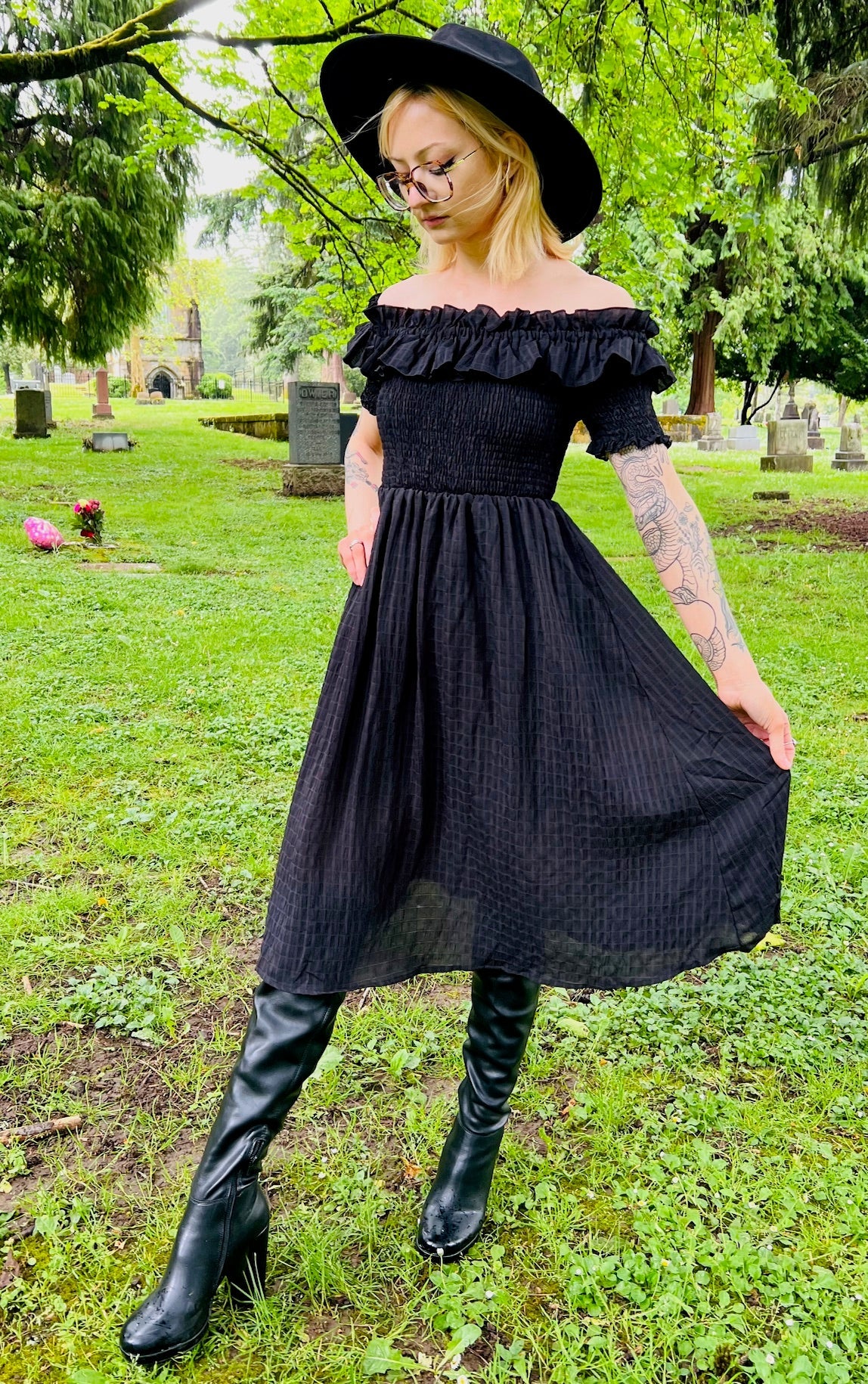 Witchwood Hilda Black Off Shoulder Cottage Goth Dress