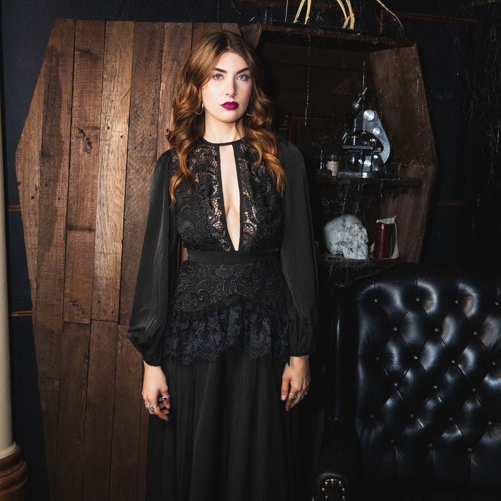 Witchwood Lenore Victorian Style Black Lace Maxi Dress