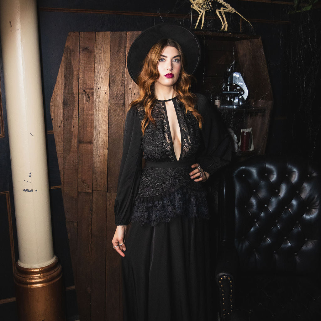 Witchwood Lenore Victorian Style Black Lace Maxi Dress