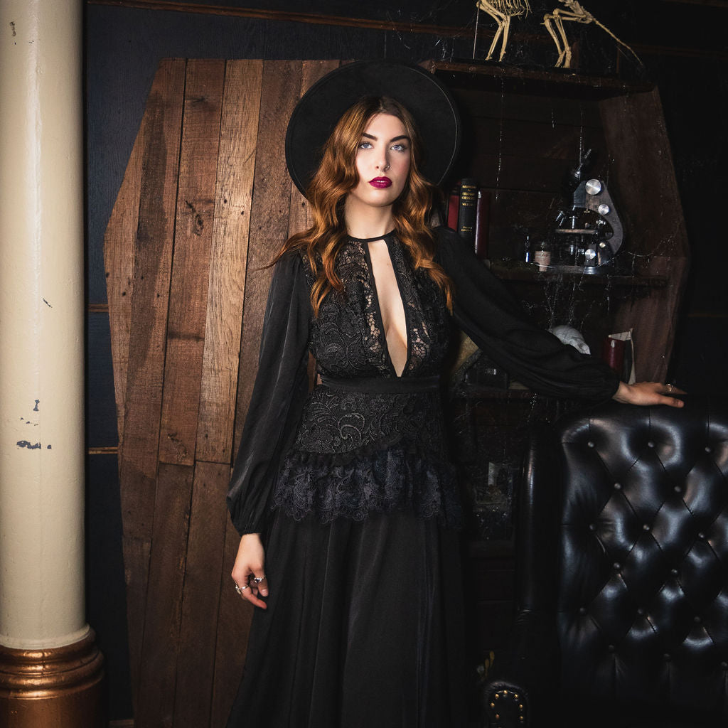 Witchwood Lenore Victorian Style Black Lace Maxi Dress
