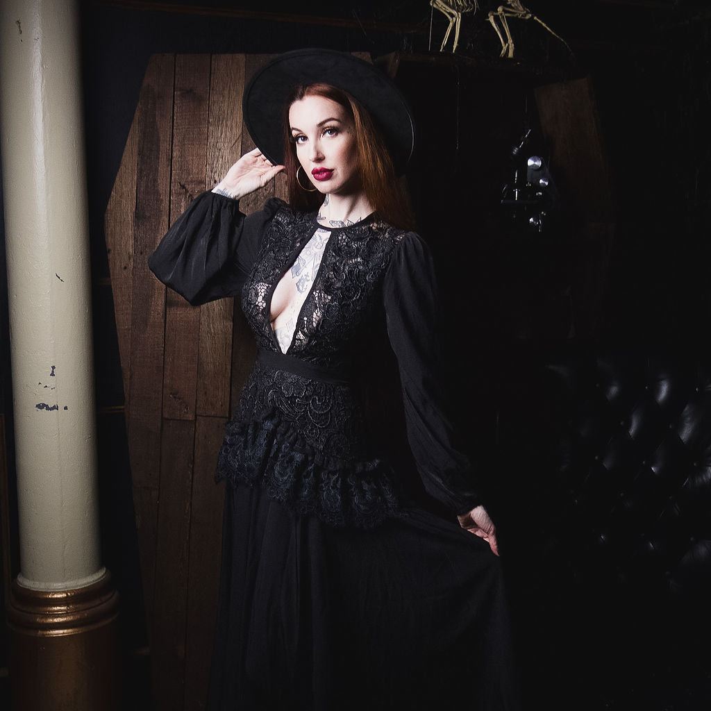 Witchwood Lenore Victorian Style Black Lace Maxi Dress