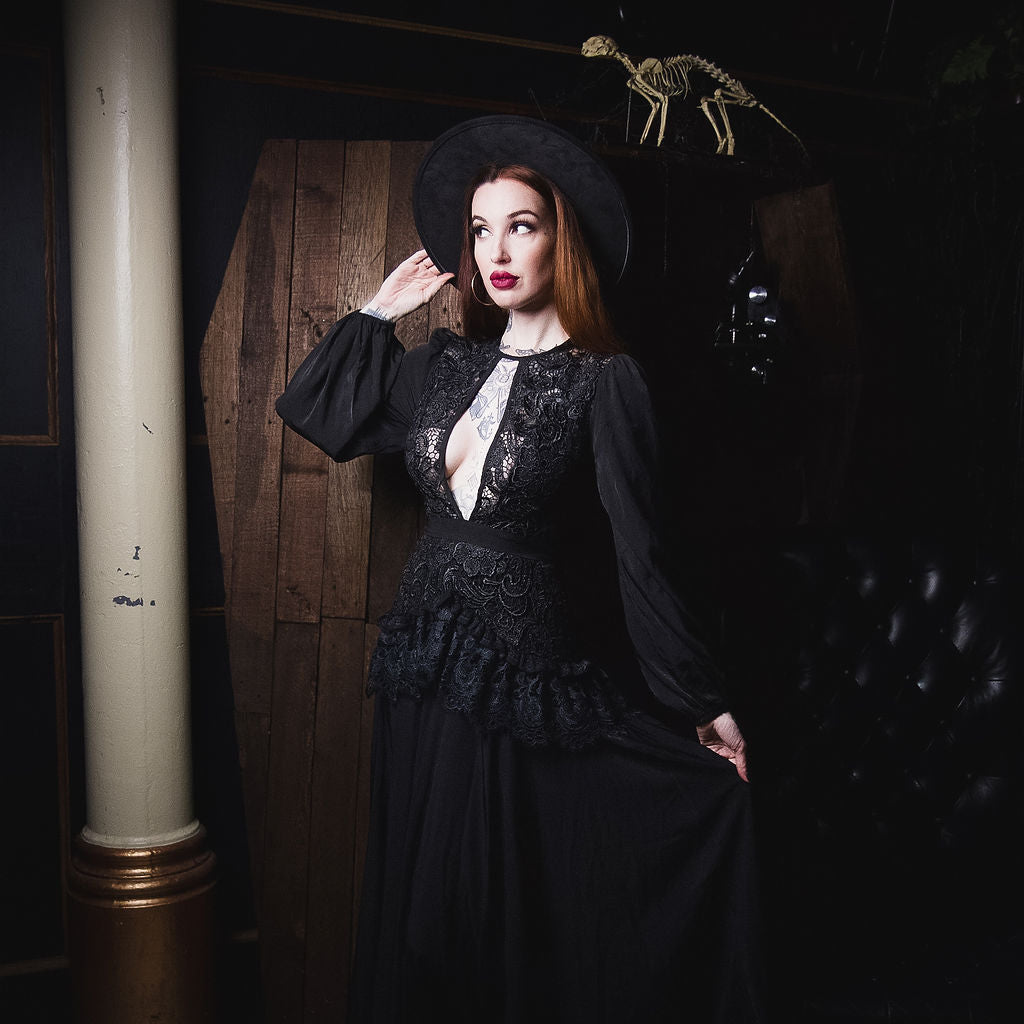 Witchwood Lenore Victorian Style Black Lace Maxi Dress