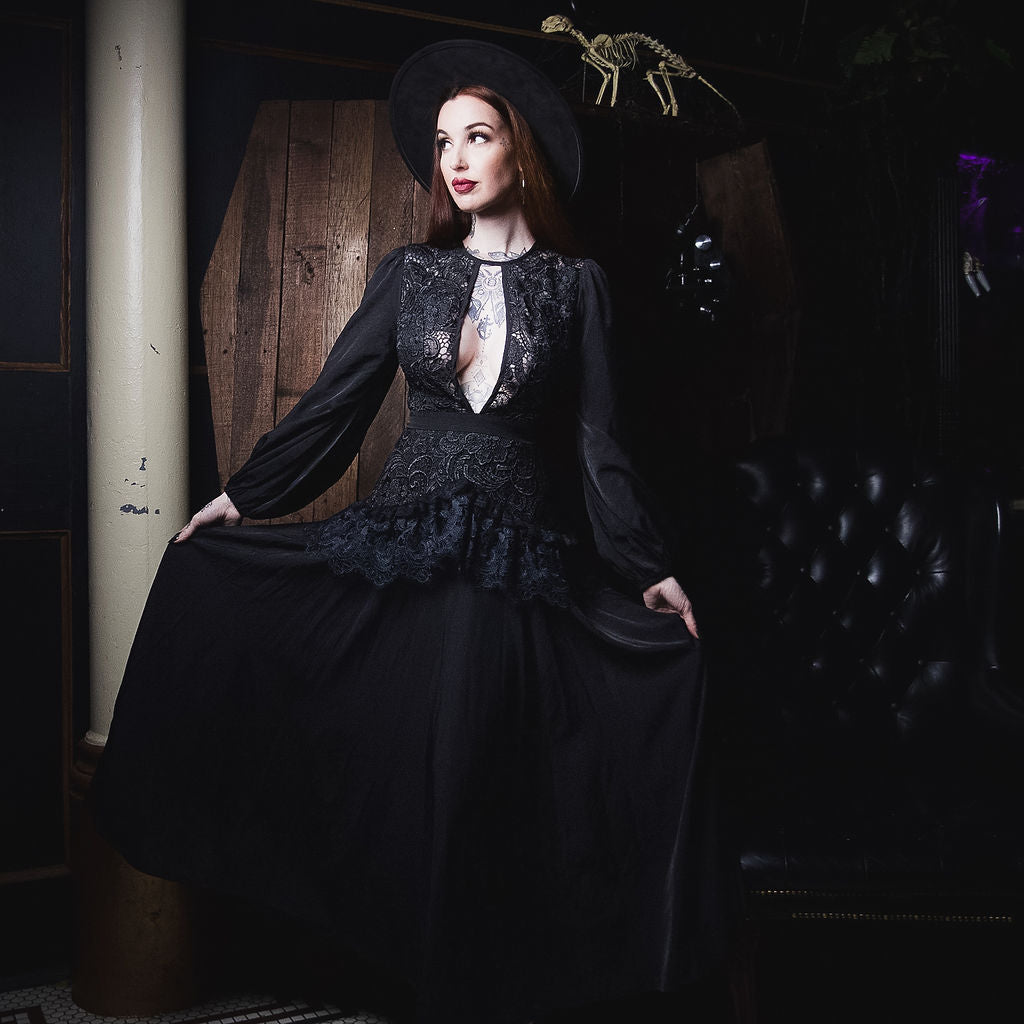 Witchwood Lenore Victorian Style Black Lace Maxi Dress