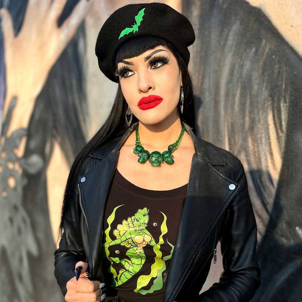 Kreepsville 666 Chunky Skull Necklace Green Glitter Resin