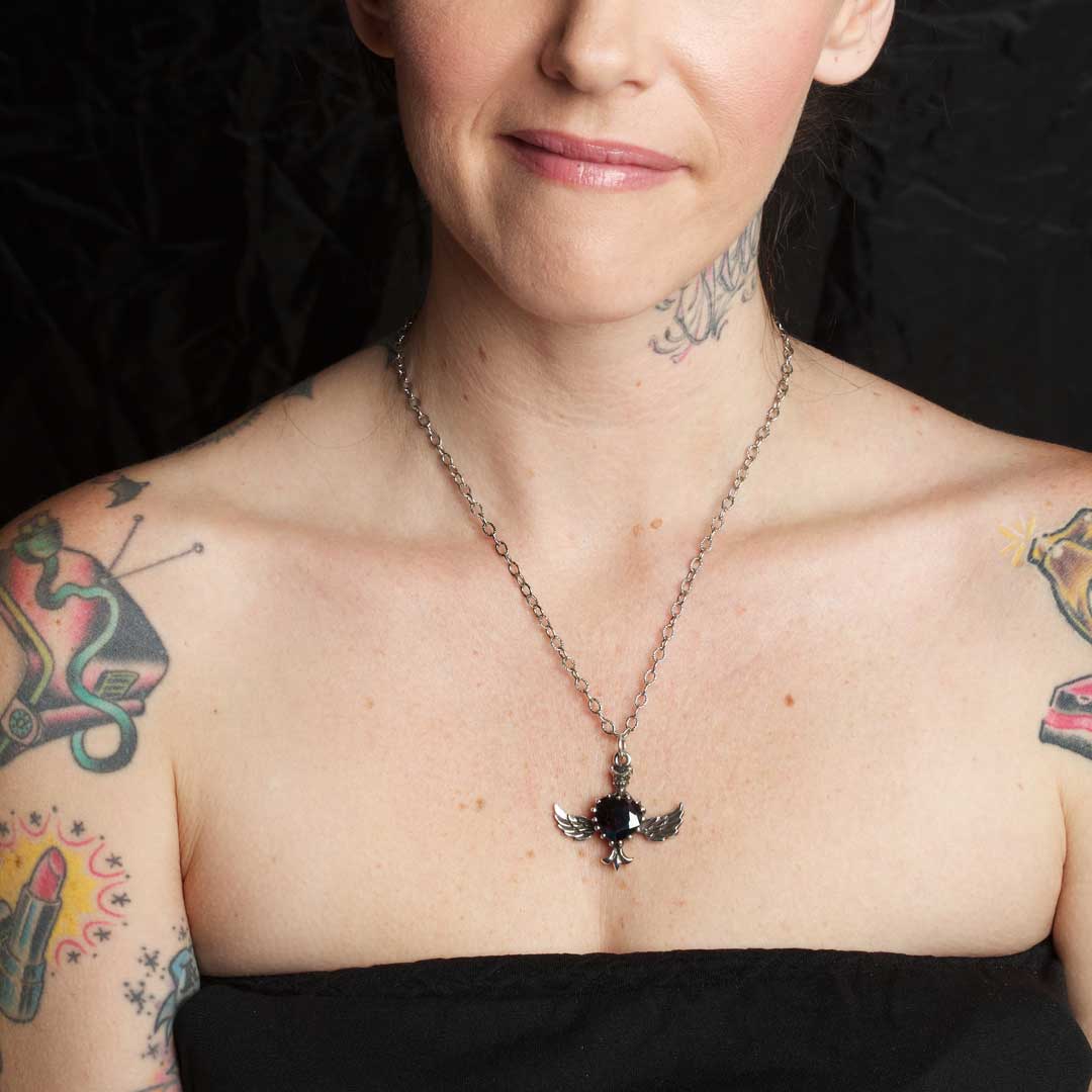 Femme Metale Winged Gem Black CZ Fine 925 Silver Necklace