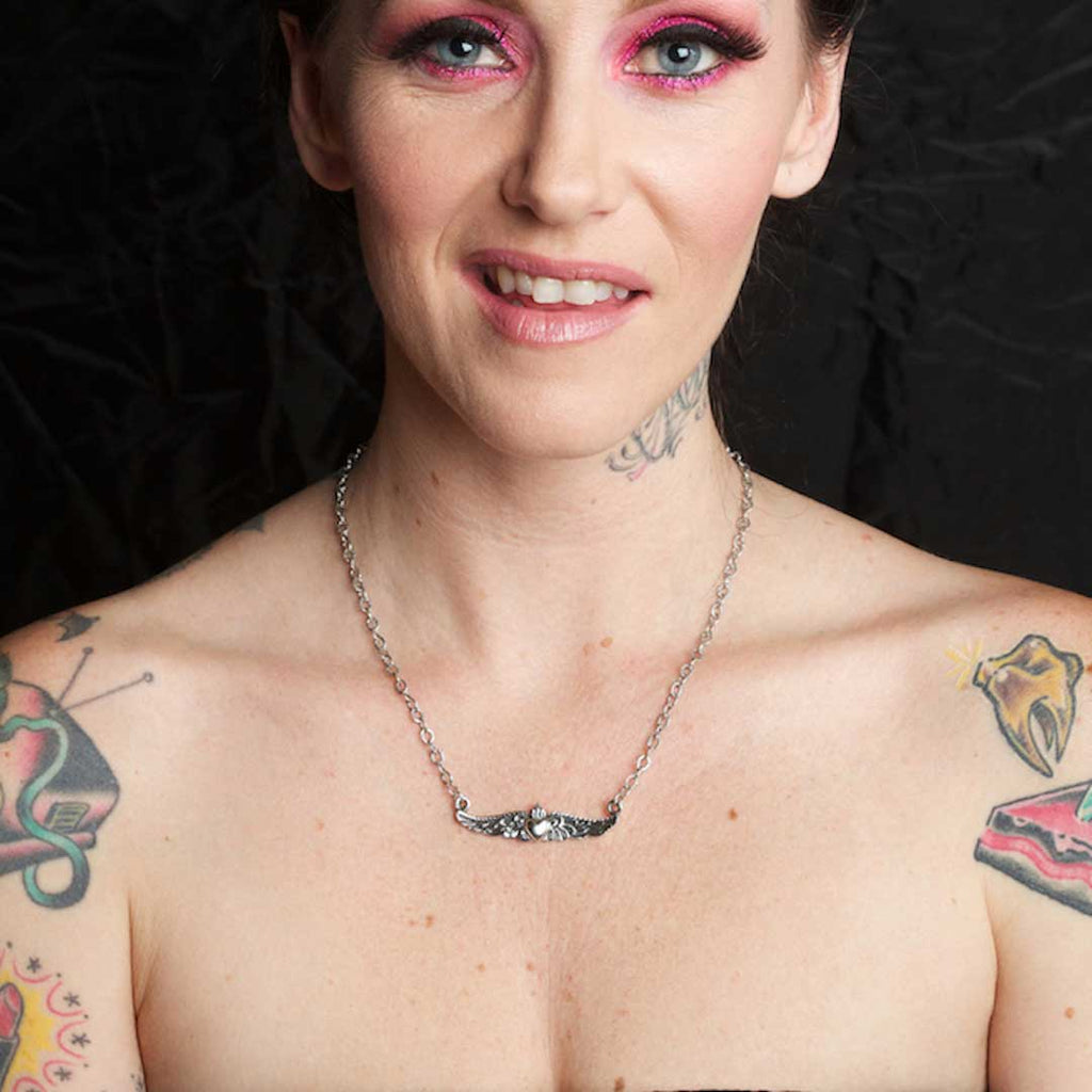 Femme Metale Petite Winged Skull 925 Fine Silver Necklace