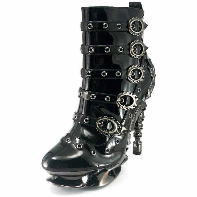 Black high-heeled boot with metallic embellishments on a white background