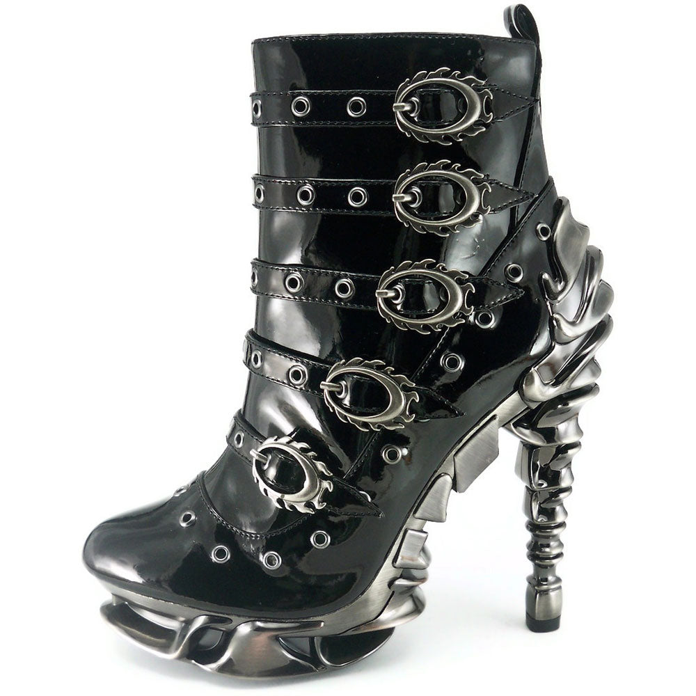 Hades MACHINA Black Vegan Patent Leather Buckles Boot