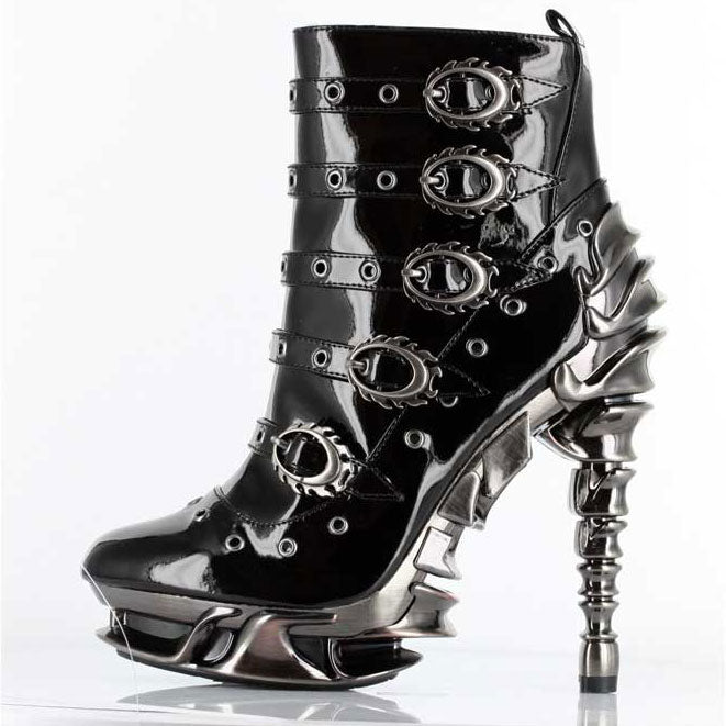 Hades MACHINA Black Vegan Patent Leather Buckles Boot