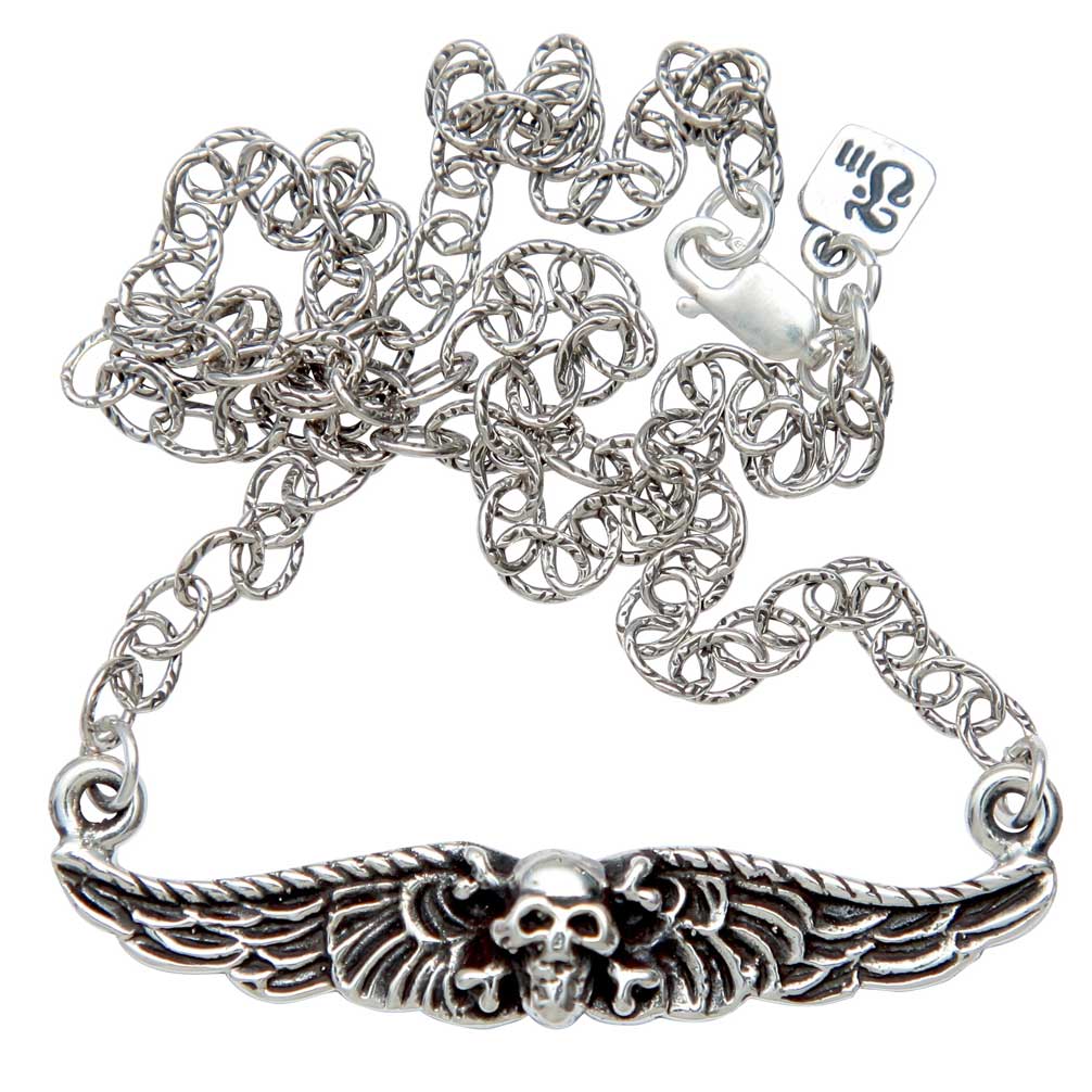 Femme Metale Petite Winged Skull 925 Fine Silver Necklace