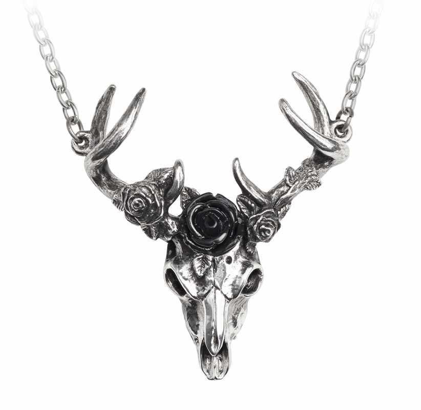 Silver deer skull necklace with roses on a white background