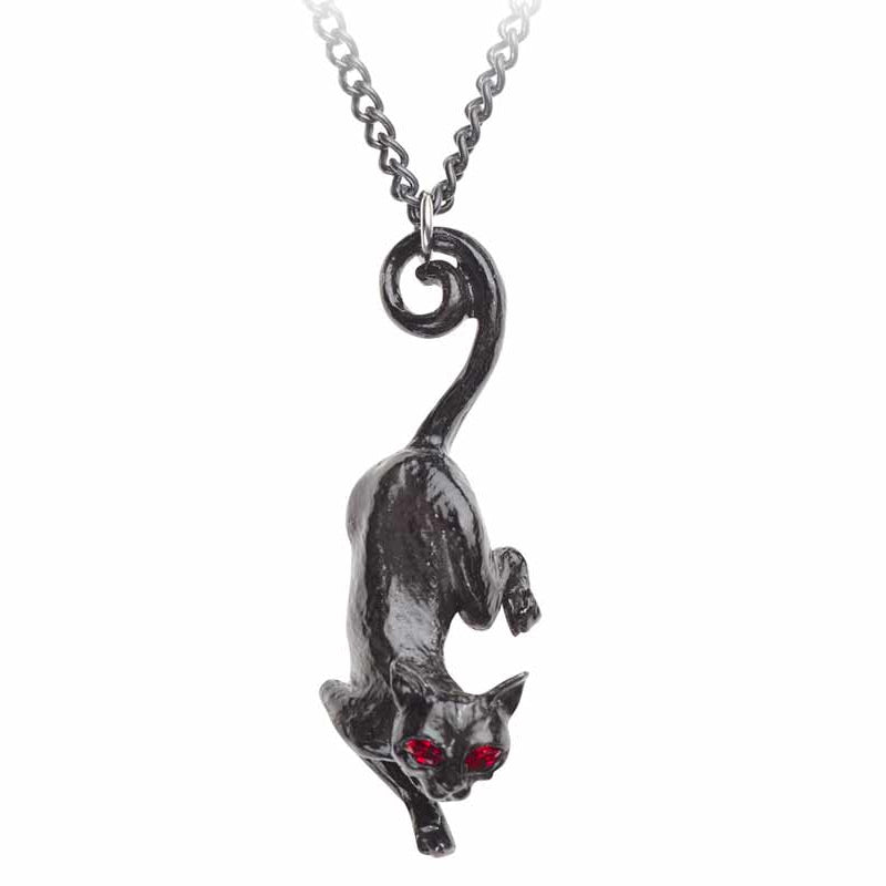 Black cat pendant necklace with red eyes on a white background